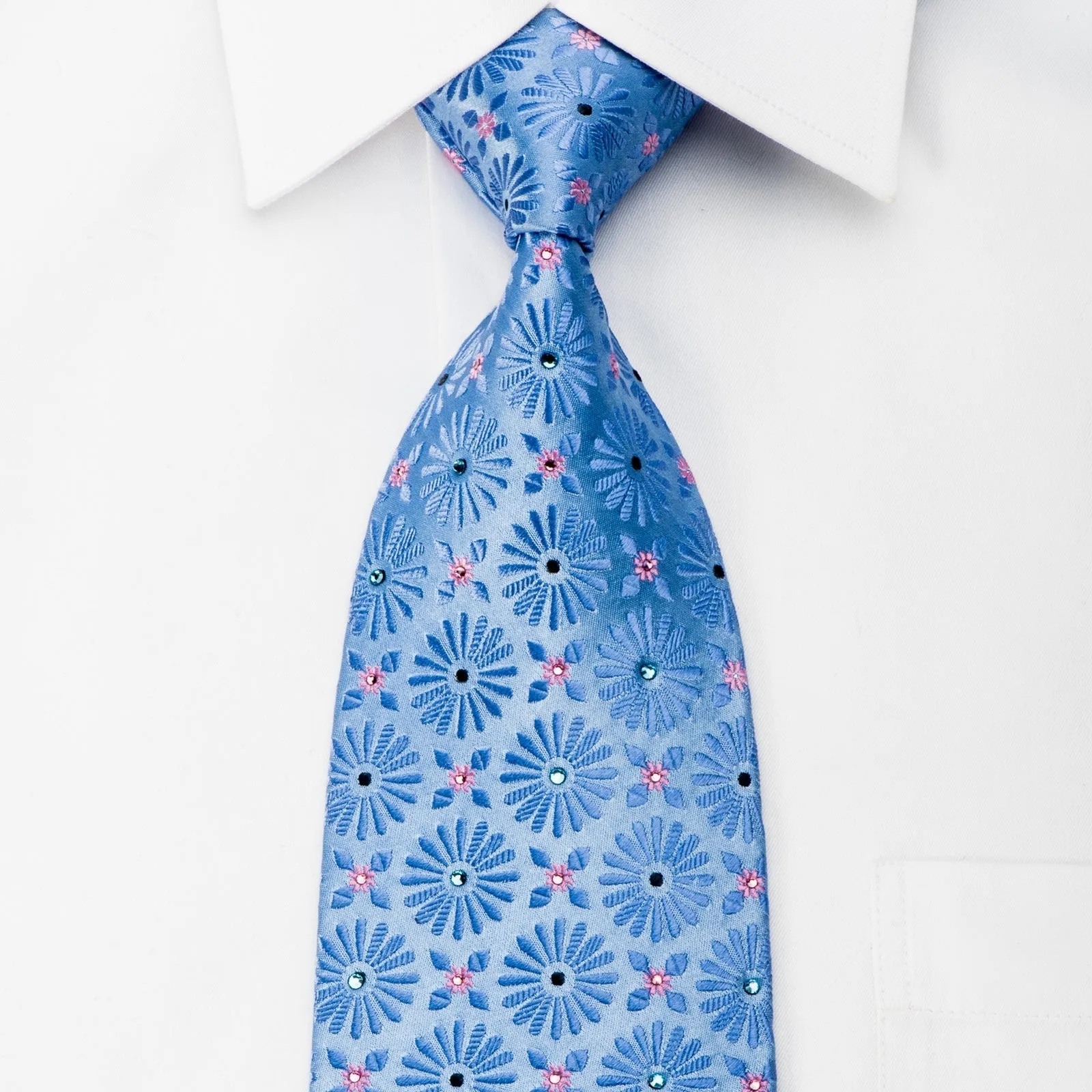 Charles Jourdan Mens Rhinestone Silk Necktie Floral On Blue