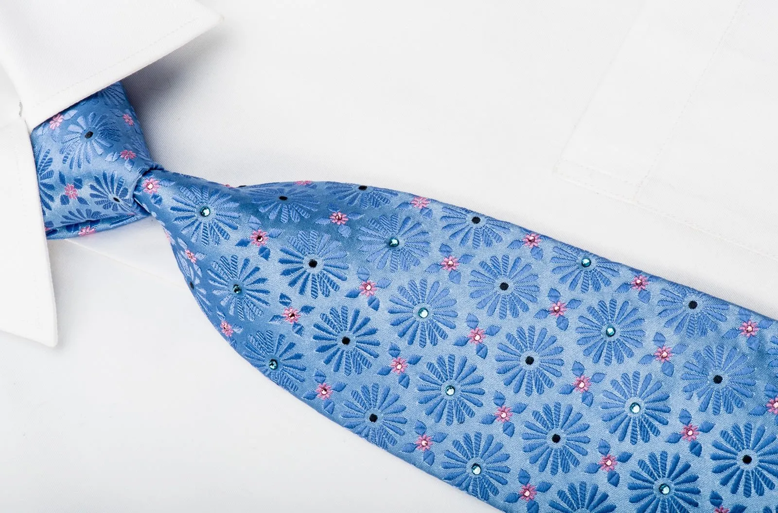 Charles Jourdan Mens Rhinestone Silk Necktie Floral On Blue