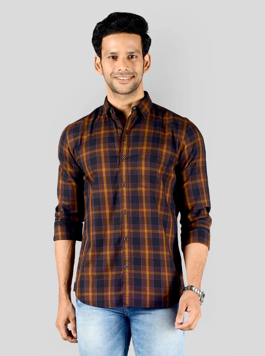 Chestnut Brown Checked Slim Fit Casual Shirt | JadeBlue