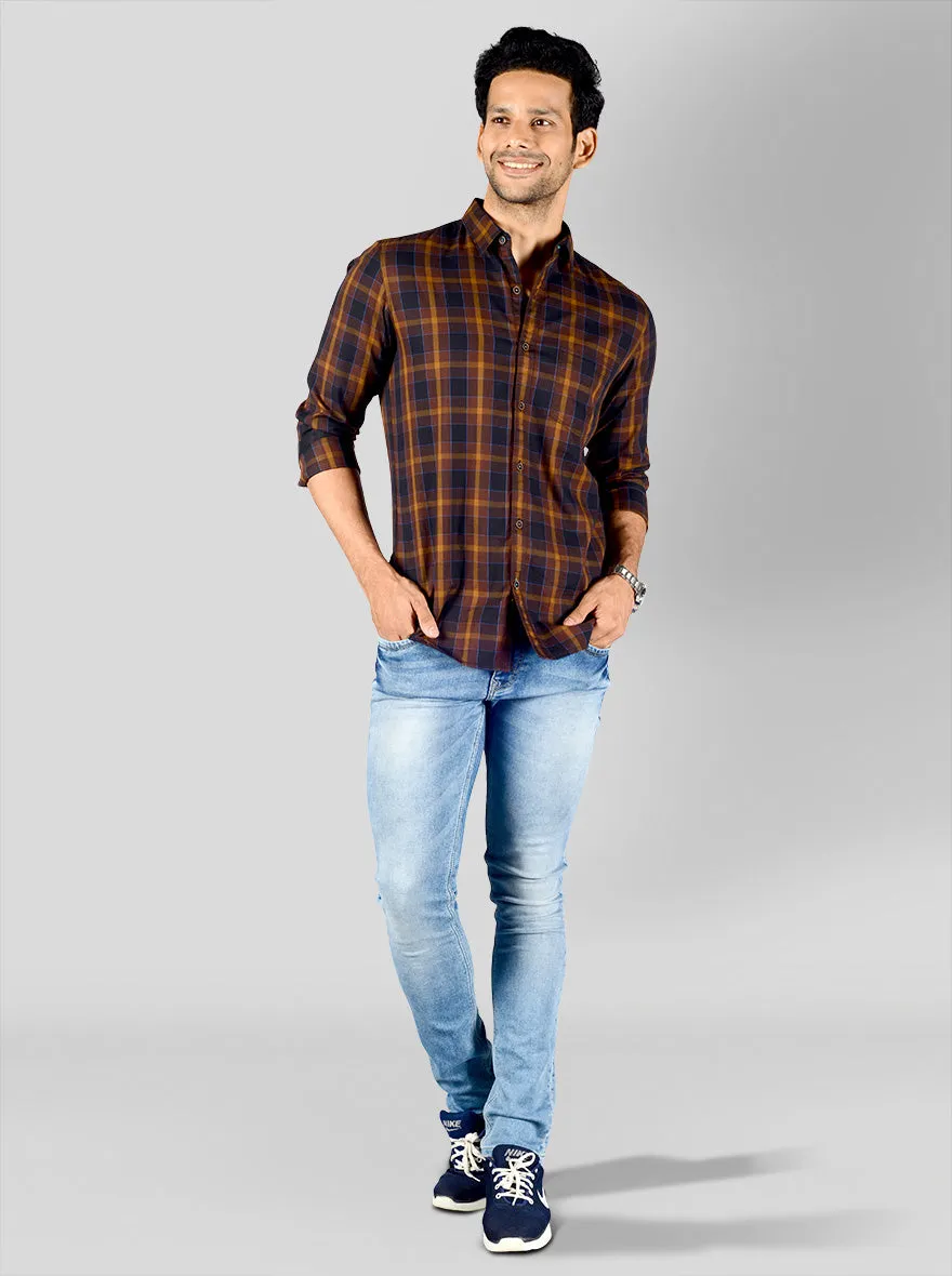 Chestnut Brown Checked Slim Fit Casual Shirt | JadeBlue