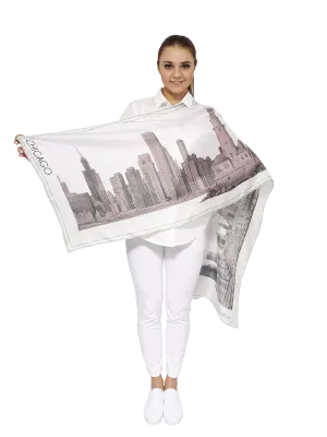 CHICAGO Skyline Art 100% Silk Stole Scarf in Blush White