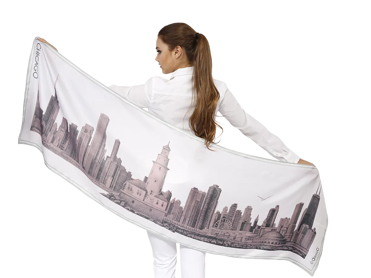 CHICAGO Skyline Art 100% Silk Stole Scarf in Blush White