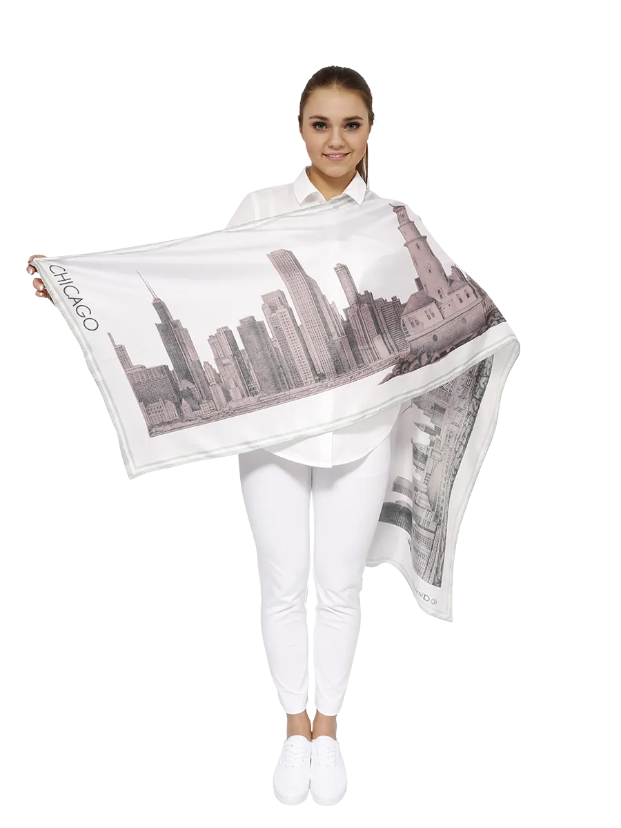 CHICAGO Skyline Art 100% Silk Stole Scarf in Blush White