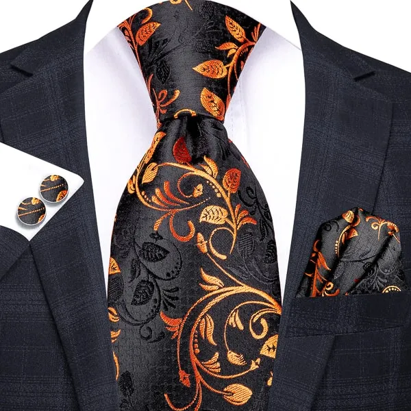 Classy Men Black Orange Floral Silk Tie