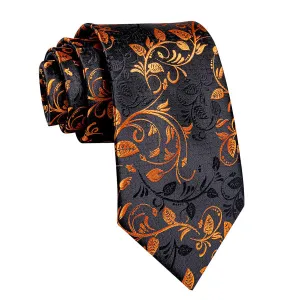 Classy Men Black Orange Floral Silk Tie