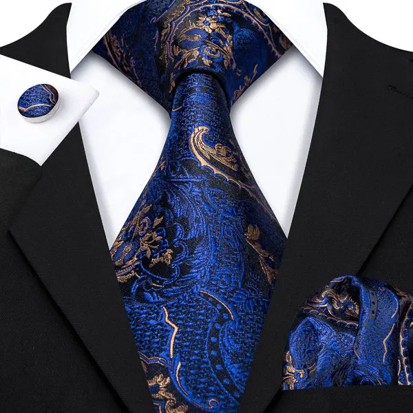 Classy Men Blue & Gold Floral Silk Tie