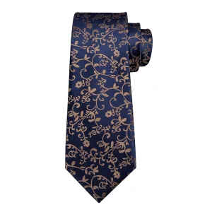 Classy Men Dark Blue Brown Floral Silk Tie