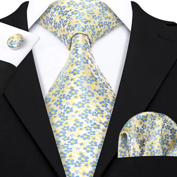 Classy Men Yellow Blue Mini Flower Silk Tie