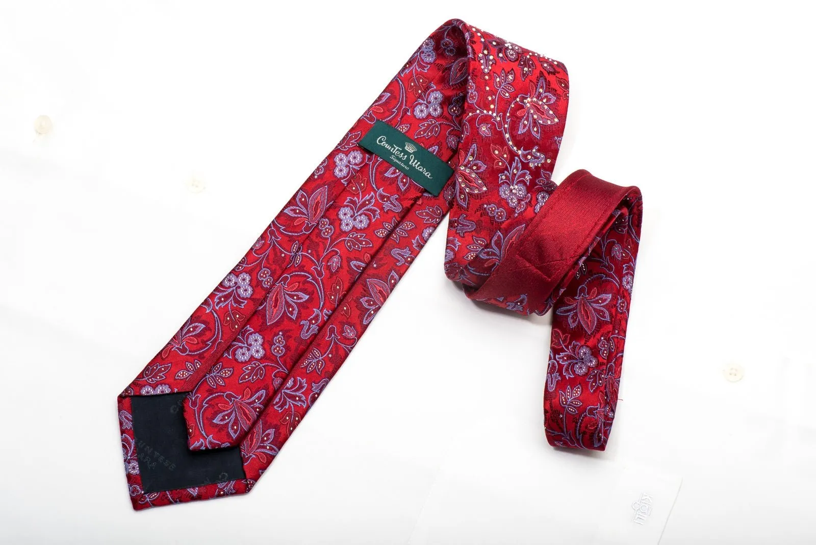 Countess Mara Mens Silk Necktie Blue Floral On Red Sparkling With Rhinestones