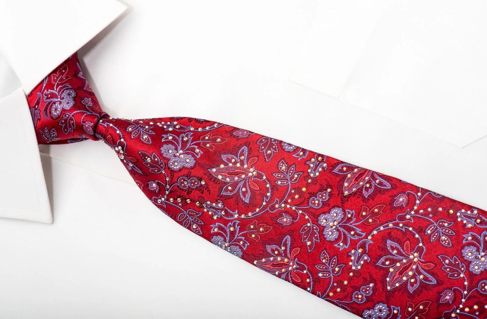 Countess Mara Mens Silk Necktie Blue Floral On Red Sparkling With Rhinestones