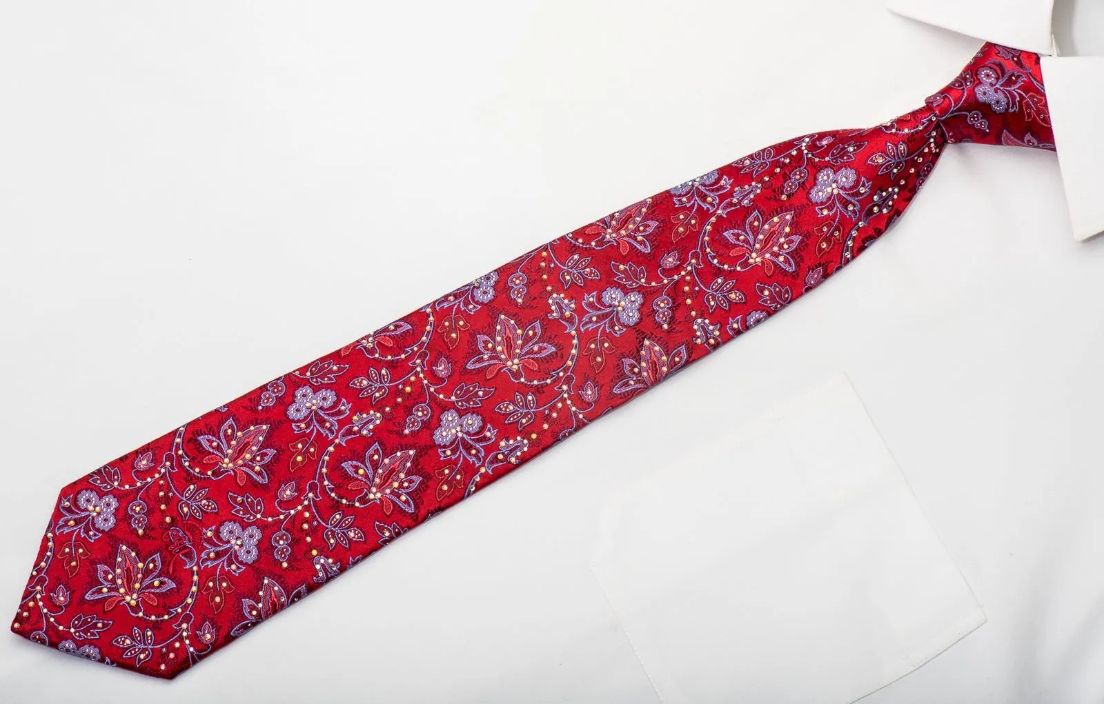 Countess Mara Mens Silk Necktie Blue Floral On Red Sparkling With Rhinestones