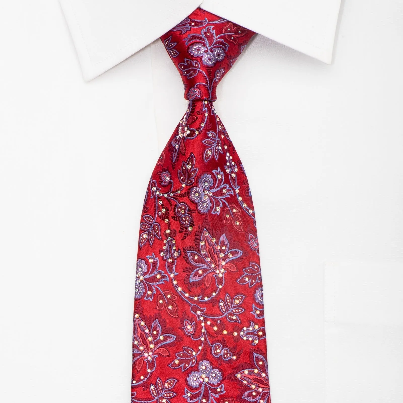 Countess Mara Mens Silk Necktie Blue Floral On Red Sparkling With Rhinestones