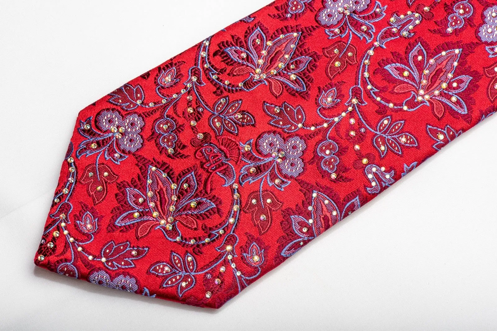 Countess Mara Mens Silk Necktie Blue Floral On Red Sparkling With Rhinestones