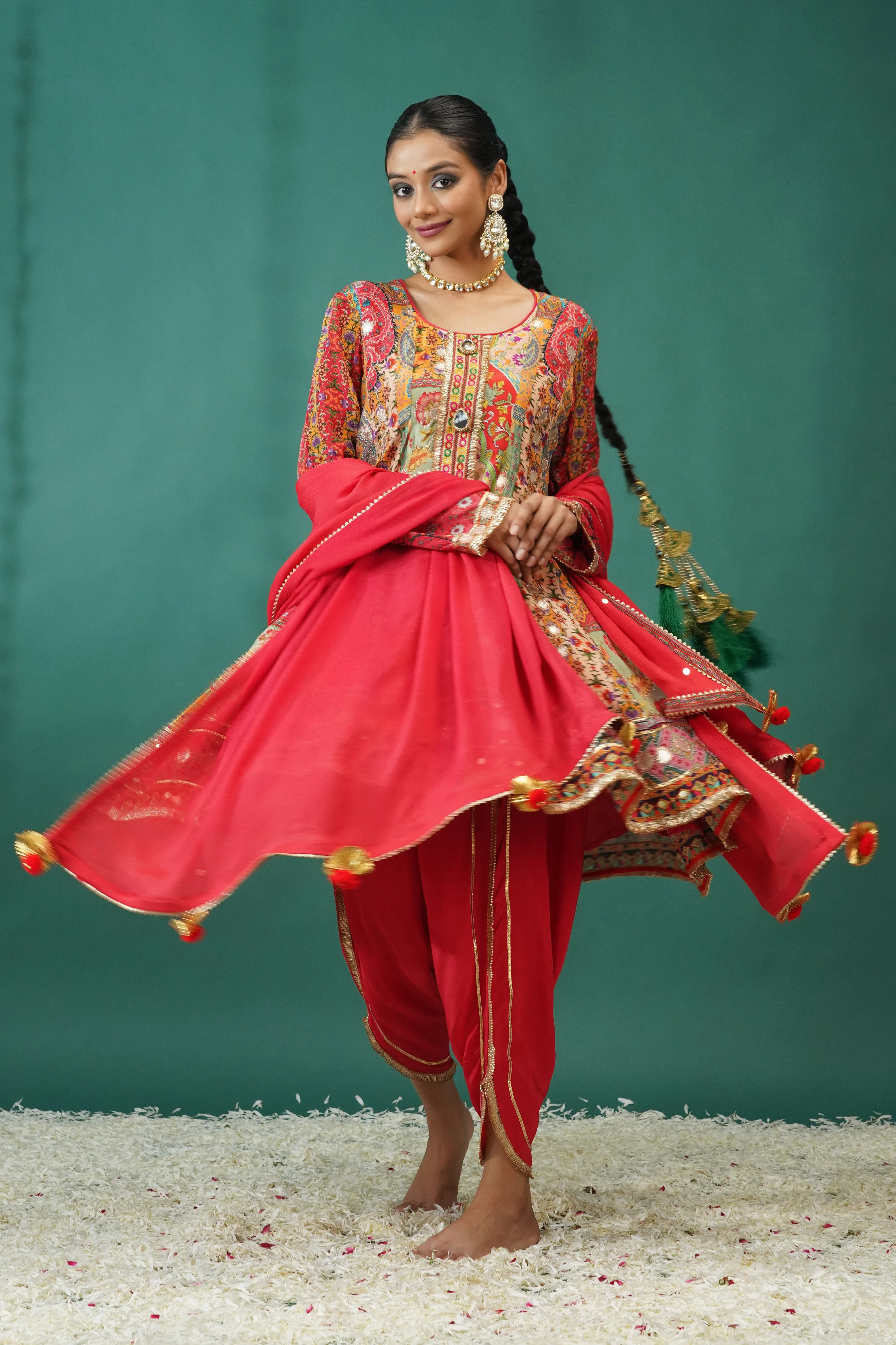 Crimson Red Embellished Crepe Silk Dhoti Set