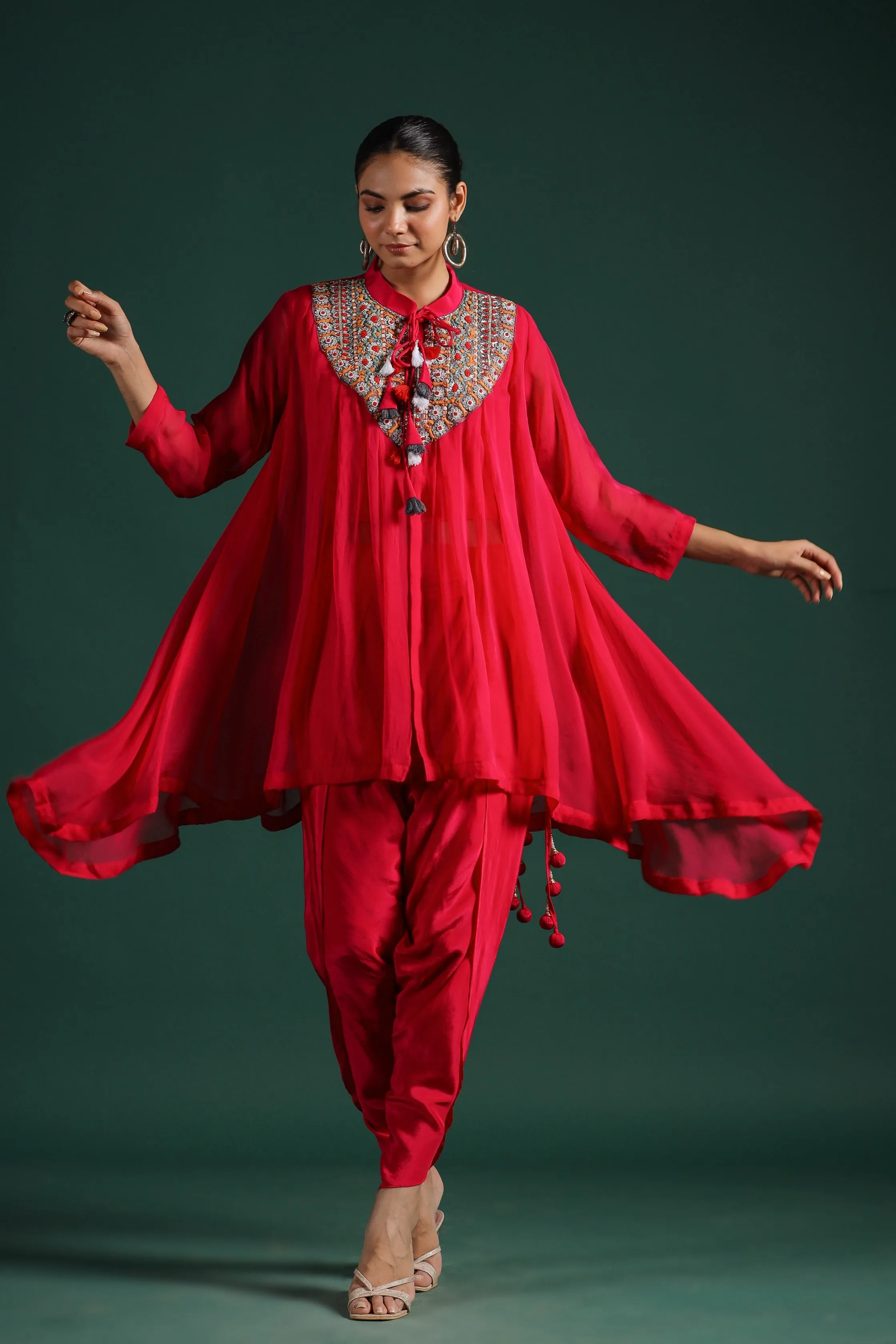 Crimson Red Embroidered Tunic With Dhoti Pants