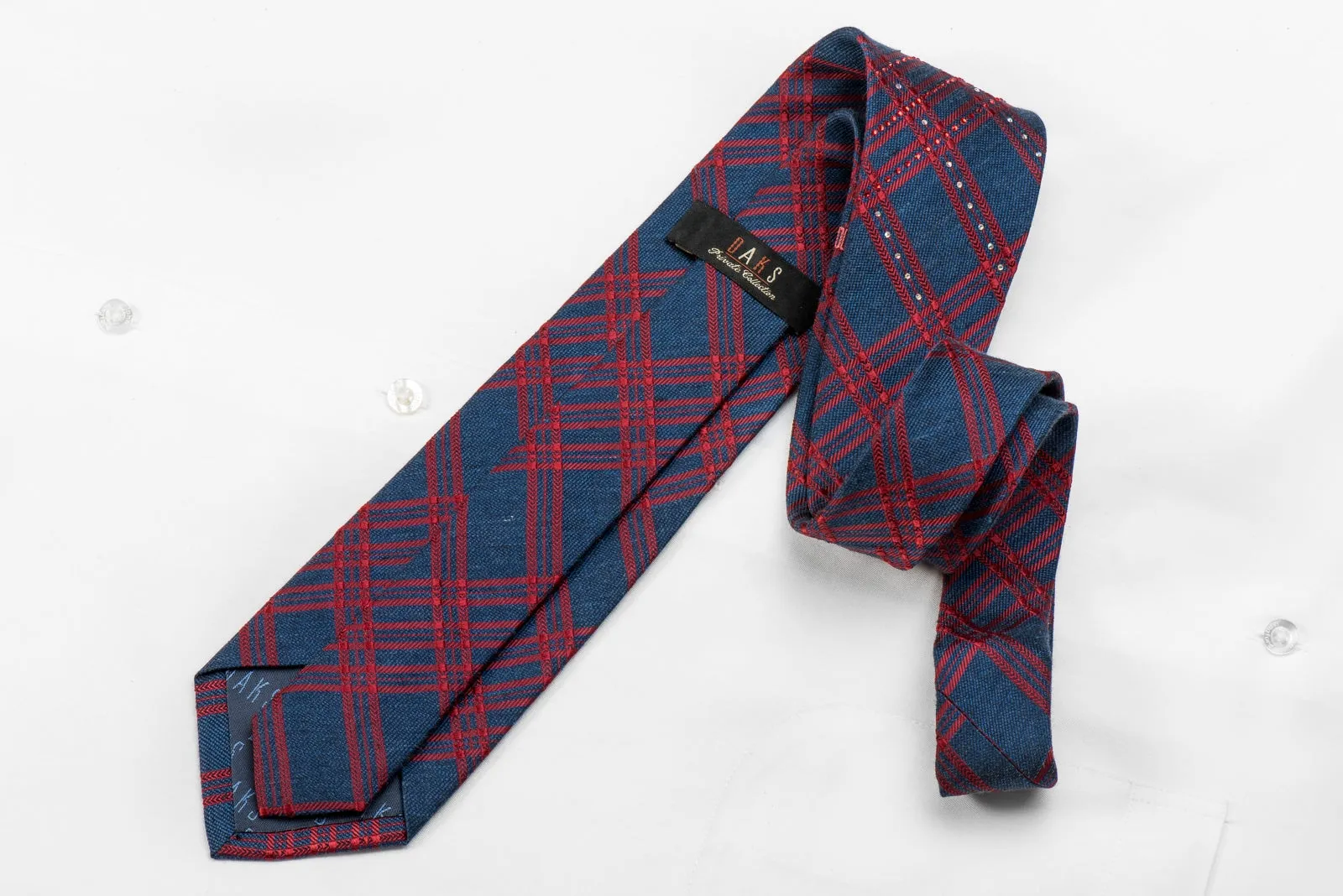 Daks Men's Crystal Silk Tie Red Stripes On Dark Blue Sparkling With Rhinestones