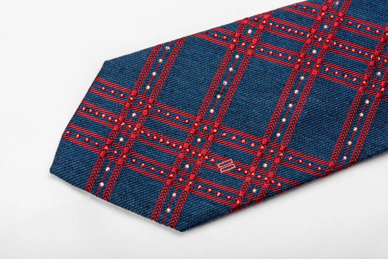 Daks Men's Crystal Silk Tie Red Stripes On Dark Blue Sparkling With Rhinestones