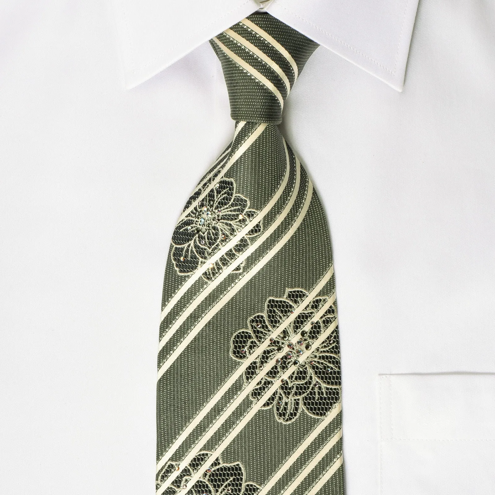 Daniel Hechter Silk Tie White Striped On Silver With Rhinestones