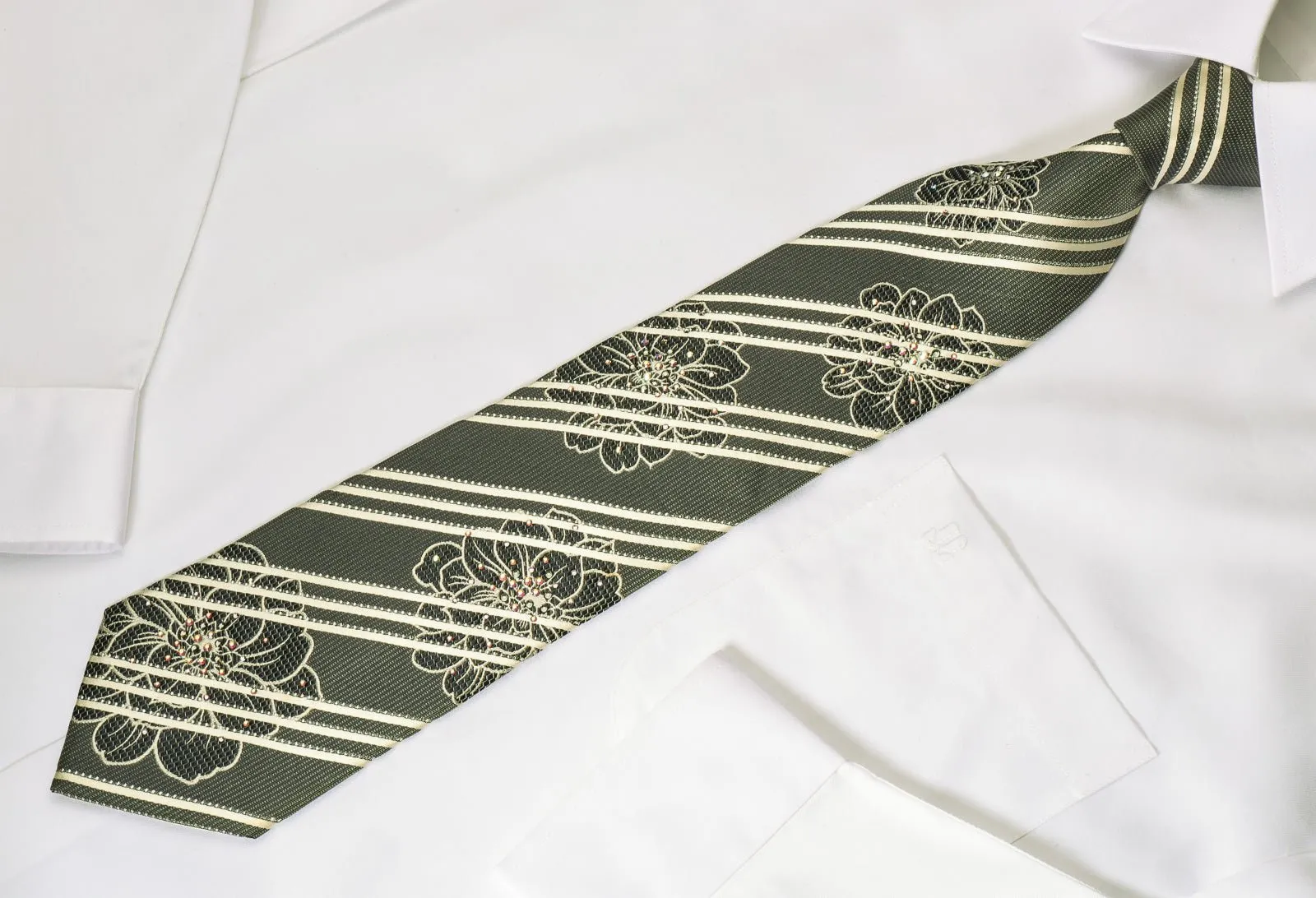 Daniel Hechter Silk Tie White Striped On Silver With Rhinestones