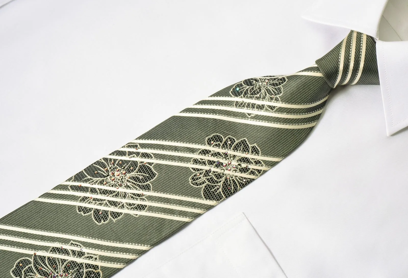 Daniel Hechter Silk Tie White Striped On Silver With Rhinestones