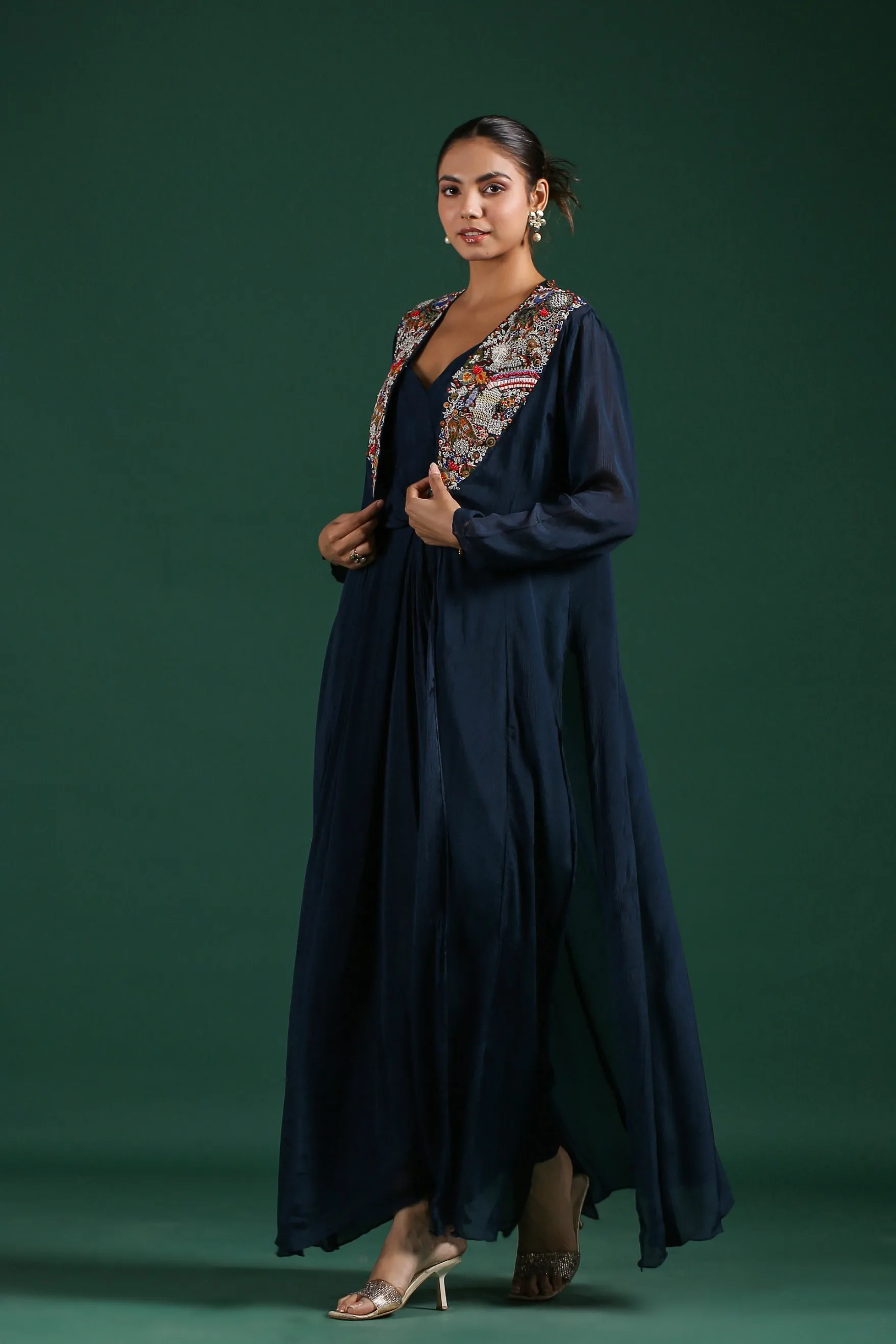 Deep Blue Embroidered Premium Chinon Silk Cape Dress