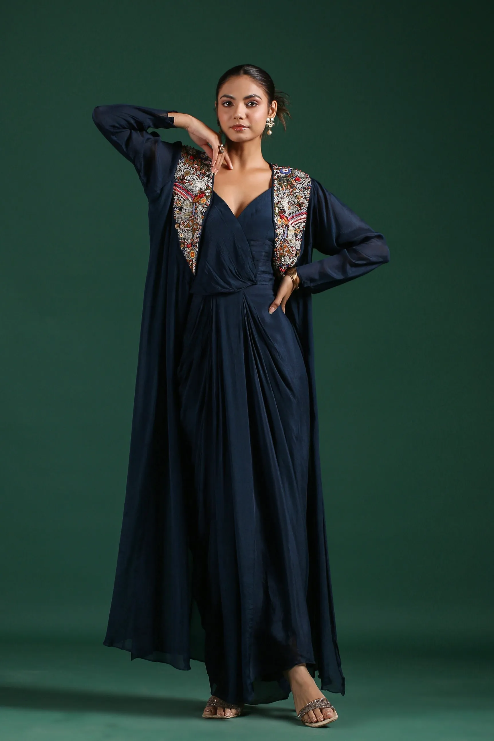 Deep Blue Embroidered Premium Chinon Silk Cape Dress