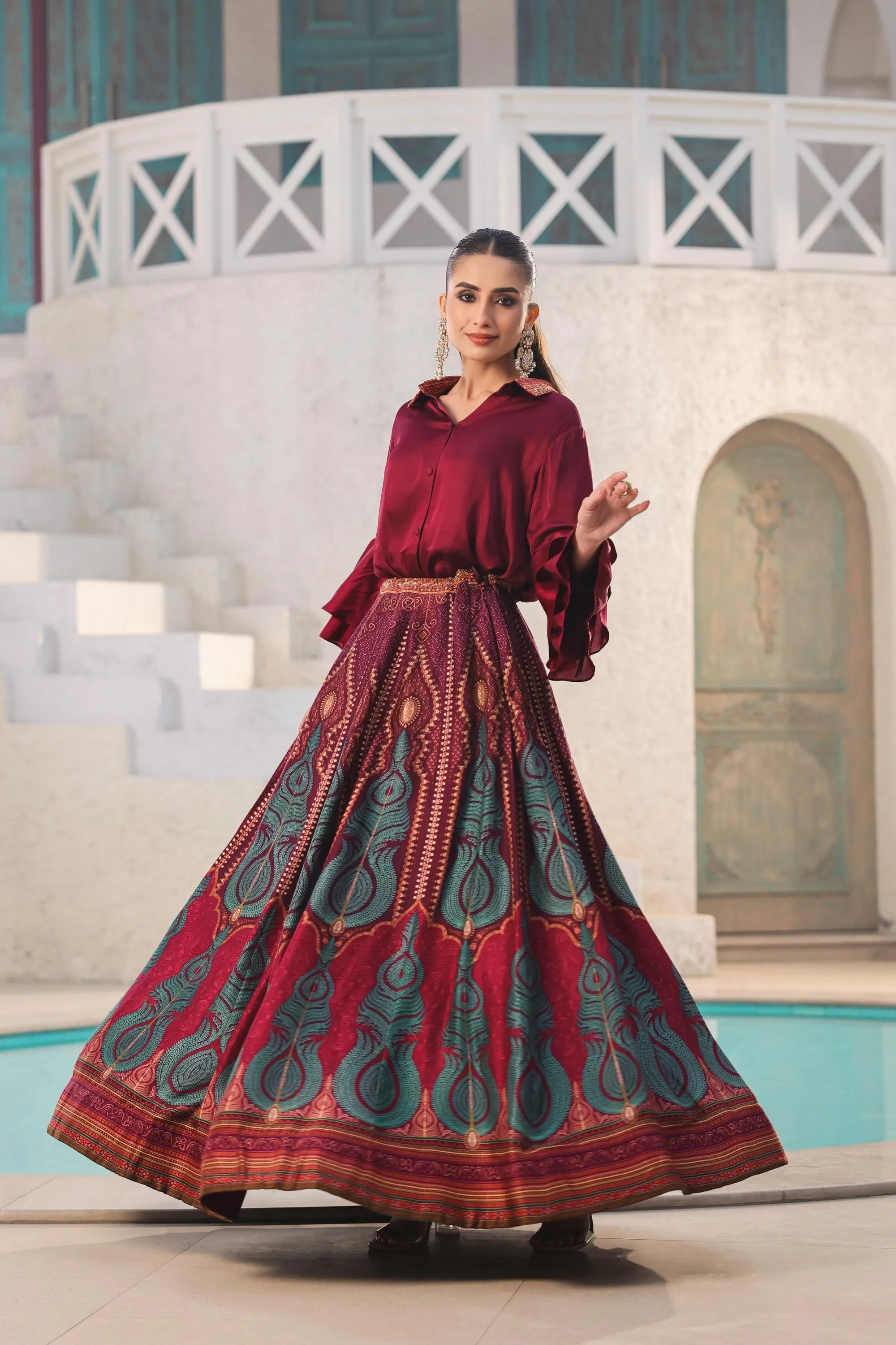 Deep Red Traditional Printed Raw Silk Skirt Set