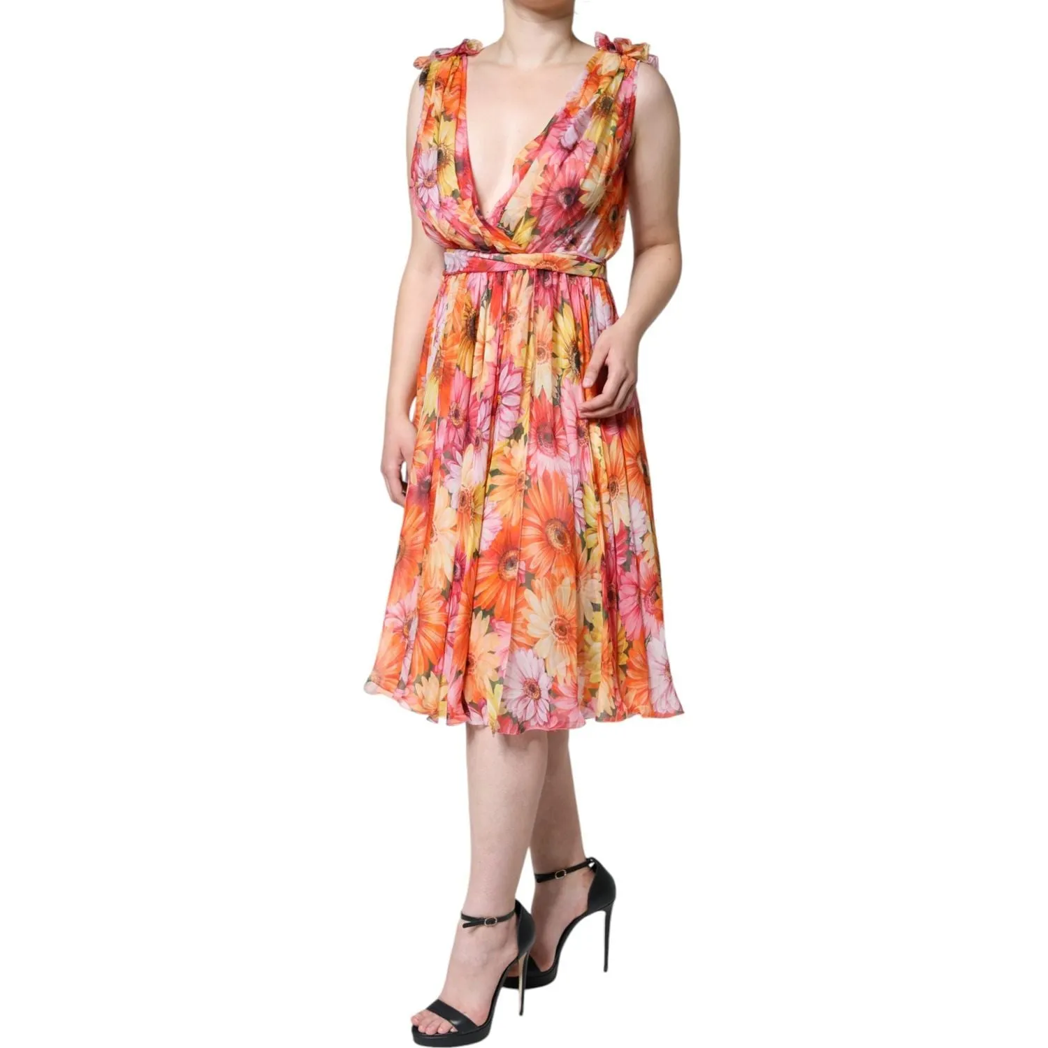 Dolce & Gabbana Multicolor Floral Sleeveless V-neck Midi Dress