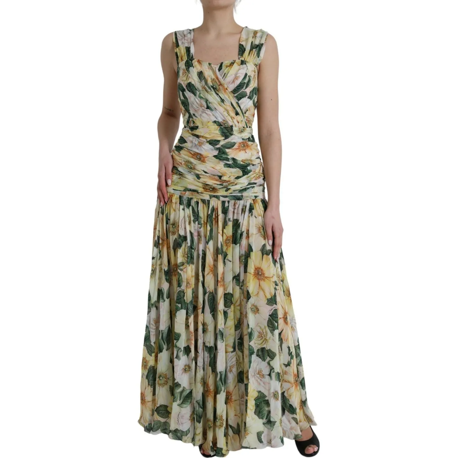 Dolce & Gabbana Yellow Floral Print Silk Pleated Maxi Dress