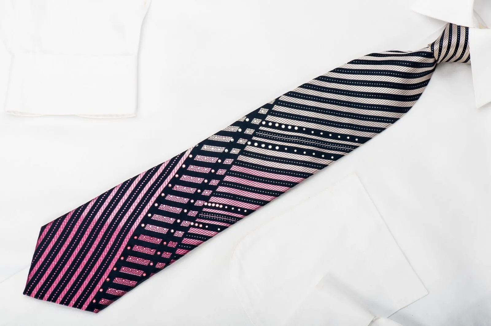 Elegance Mens Rhinestone Silk Necktie Pink Stripes On Navy With Silver Sparkles