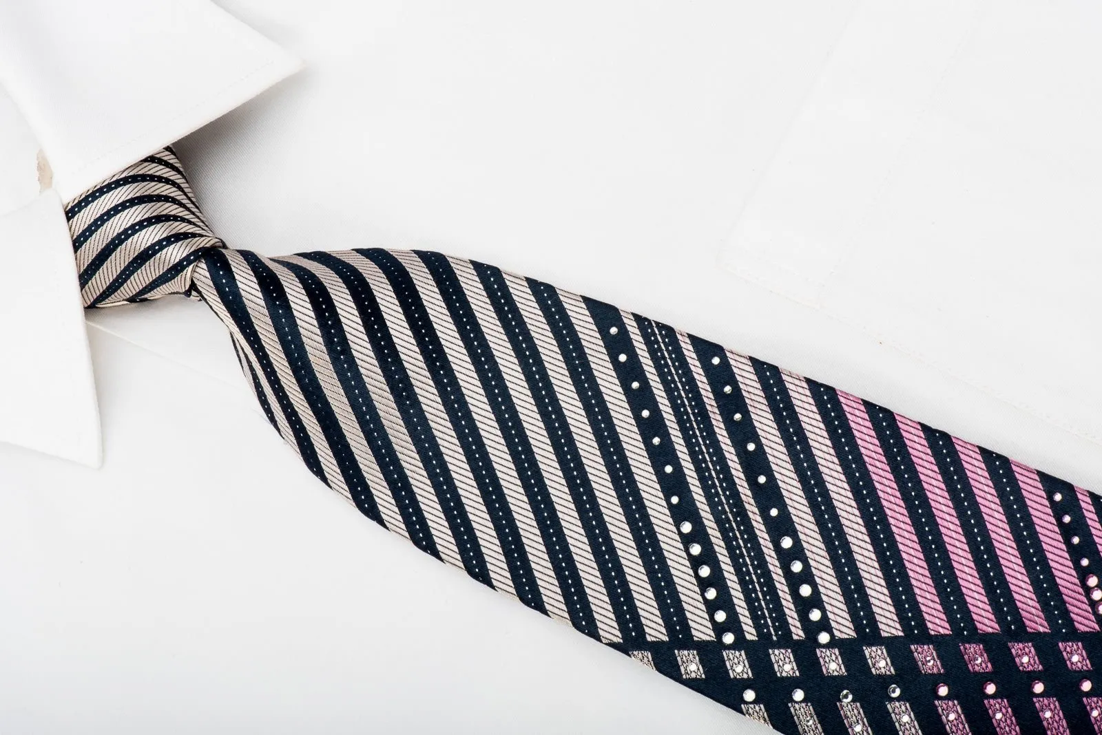 Elegance Mens Rhinestone Silk Necktie Pink Stripes On Navy With Silver Sparkles