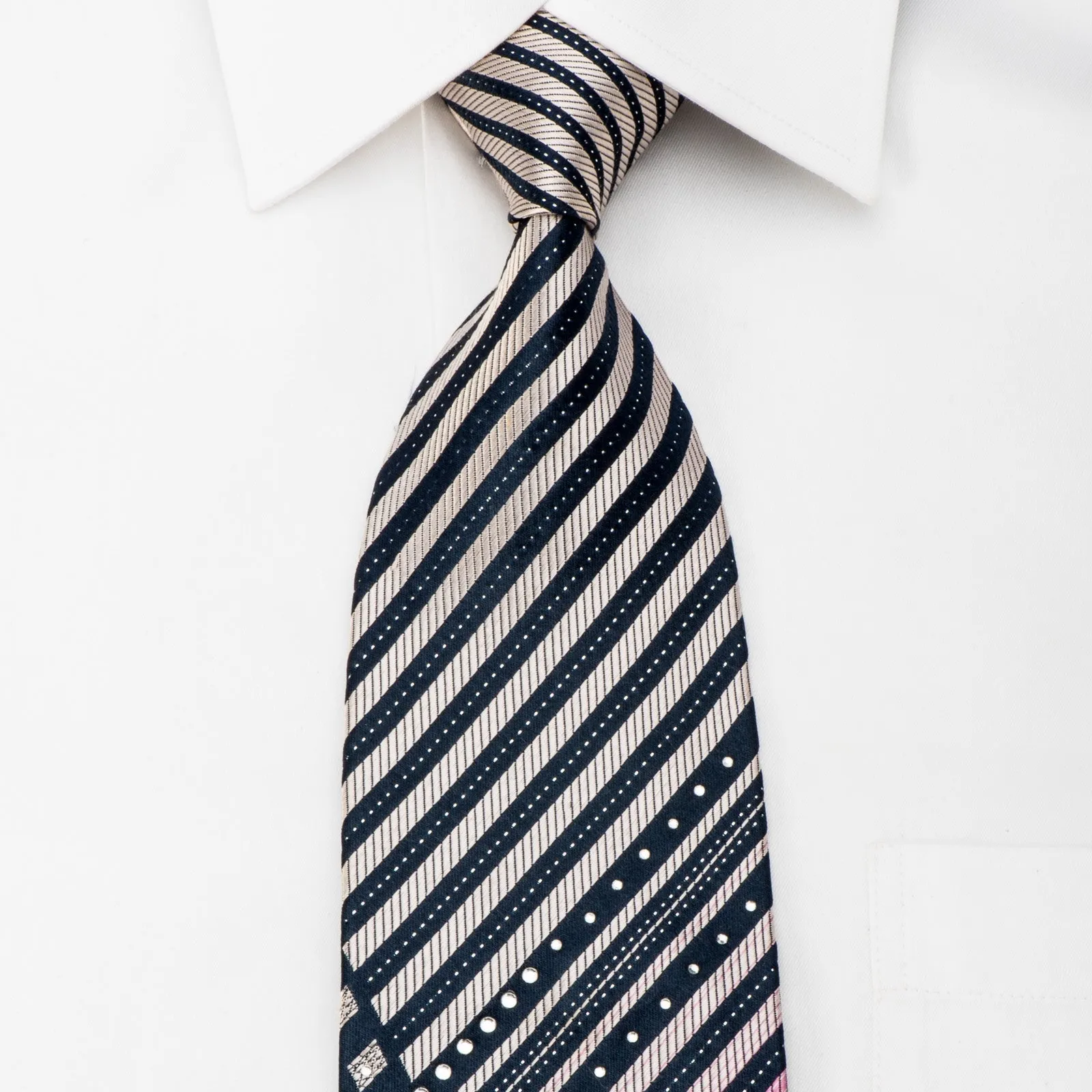 Elegance Mens Rhinestone Silk Necktie Pink Stripes On Navy With Silver Sparkles