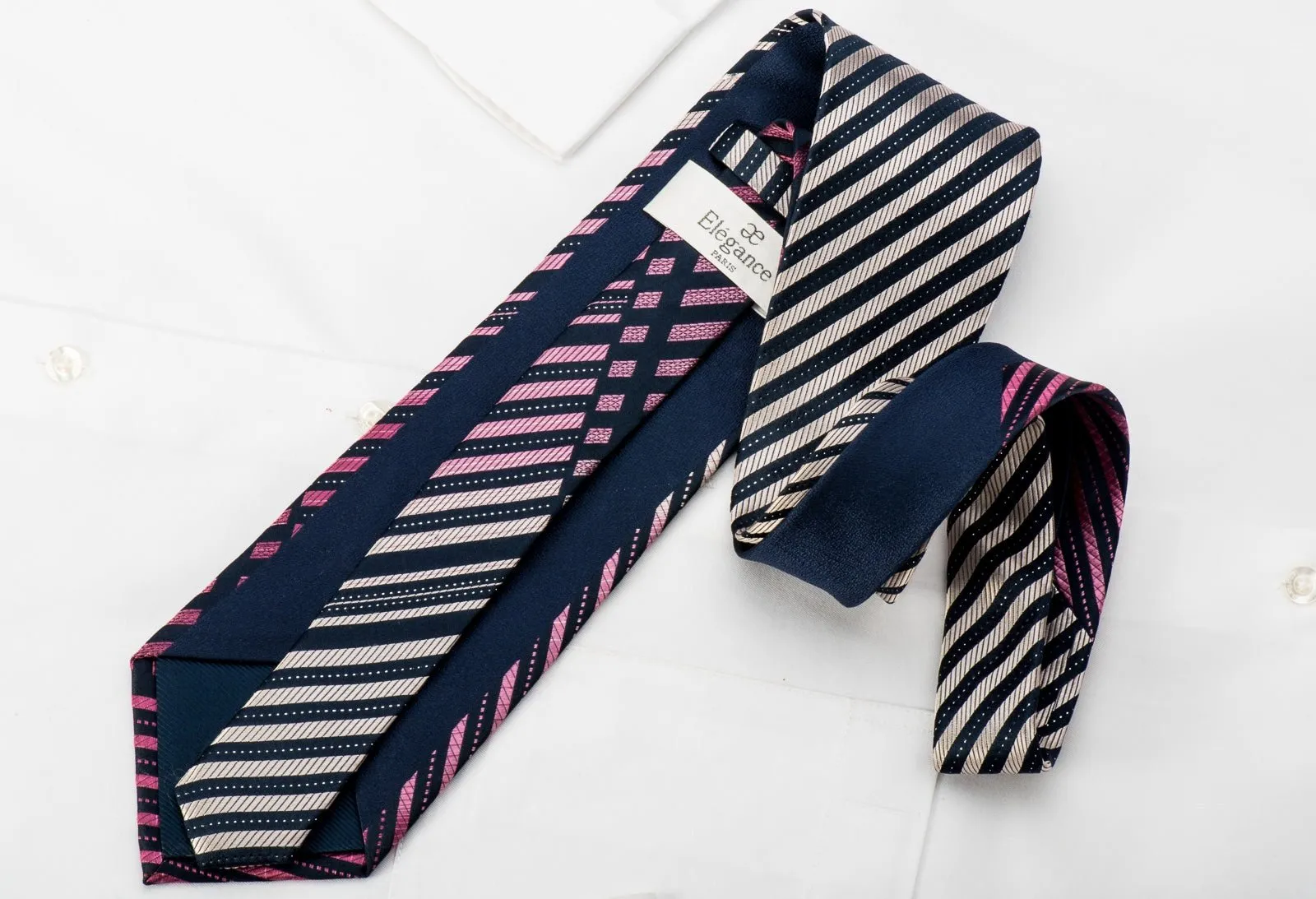 Elegance Mens Rhinestone Silk Necktie Pink Stripes On Navy With Silver Sparkles