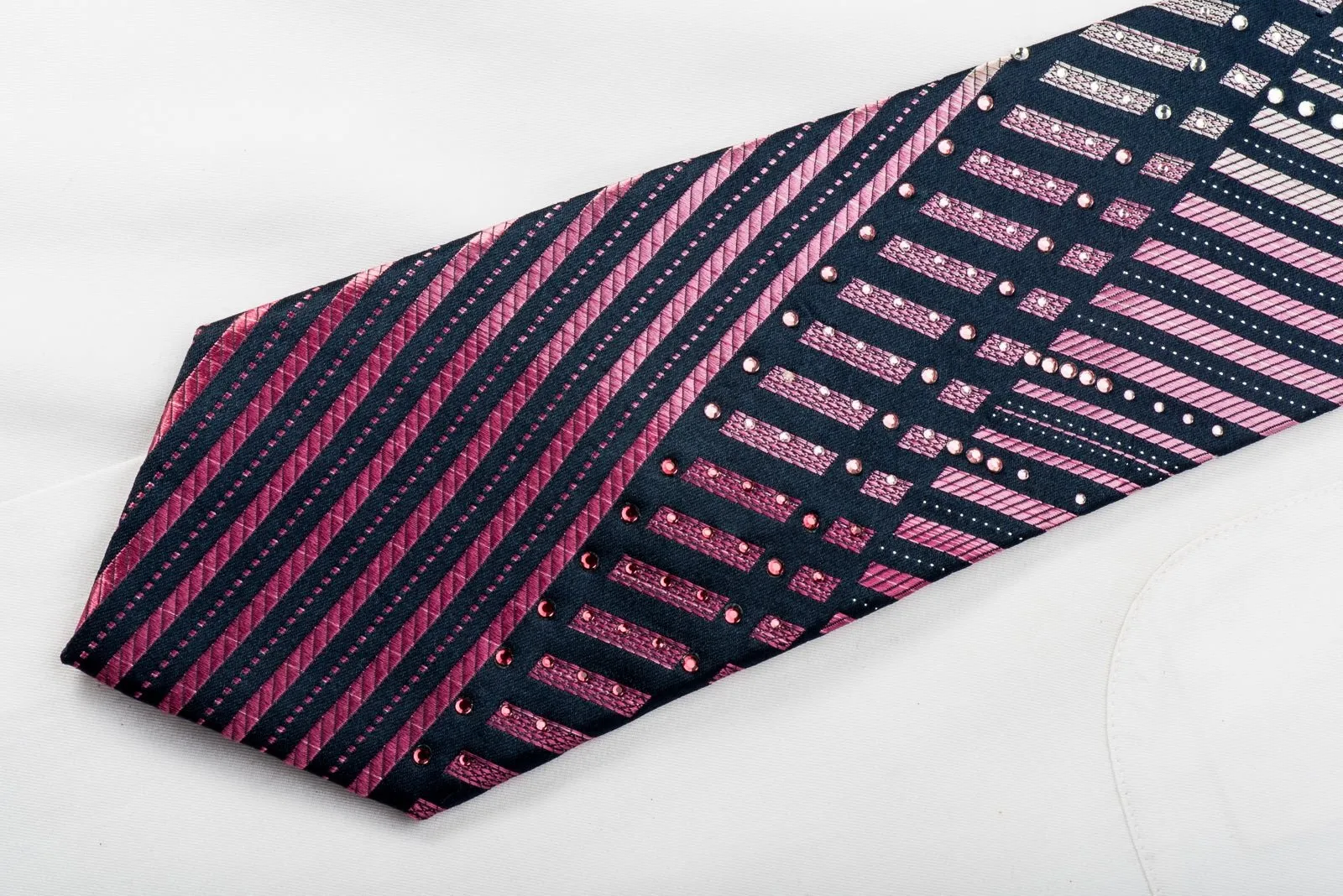 Elegance Mens Rhinestone Silk Necktie Pink Stripes On Navy With Silver Sparkles