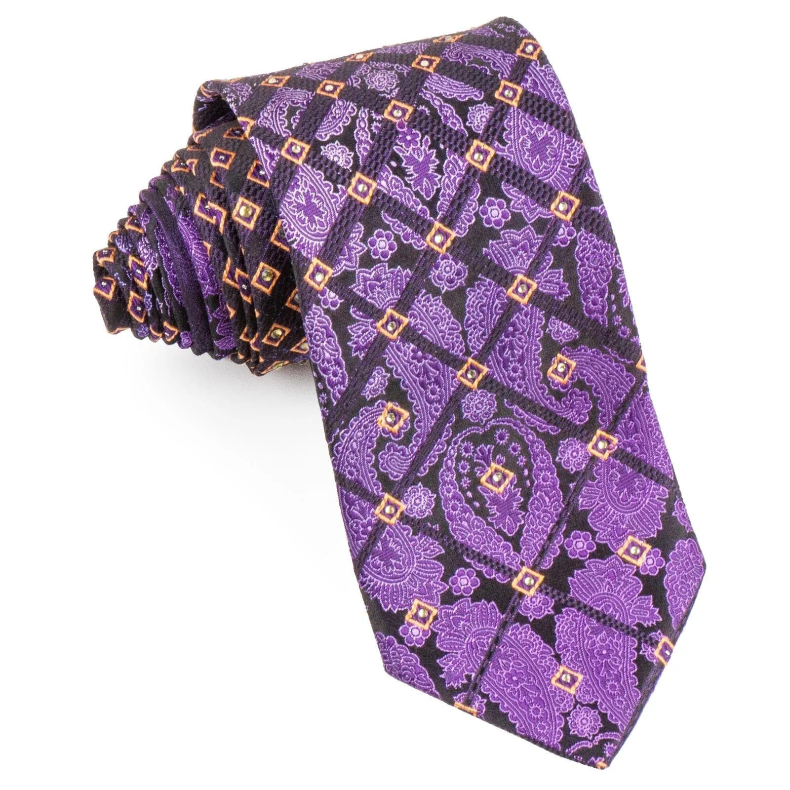 Elle Homme Men's Silk Rhinestone Tie Damask & Geometric On Purple Necktie