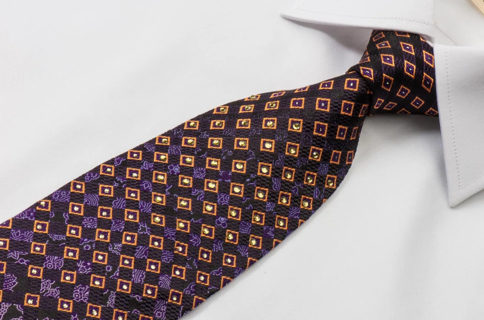 Elle Homme Men's Silk Rhinestone Tie Damask & Geometric On Purple Necktie