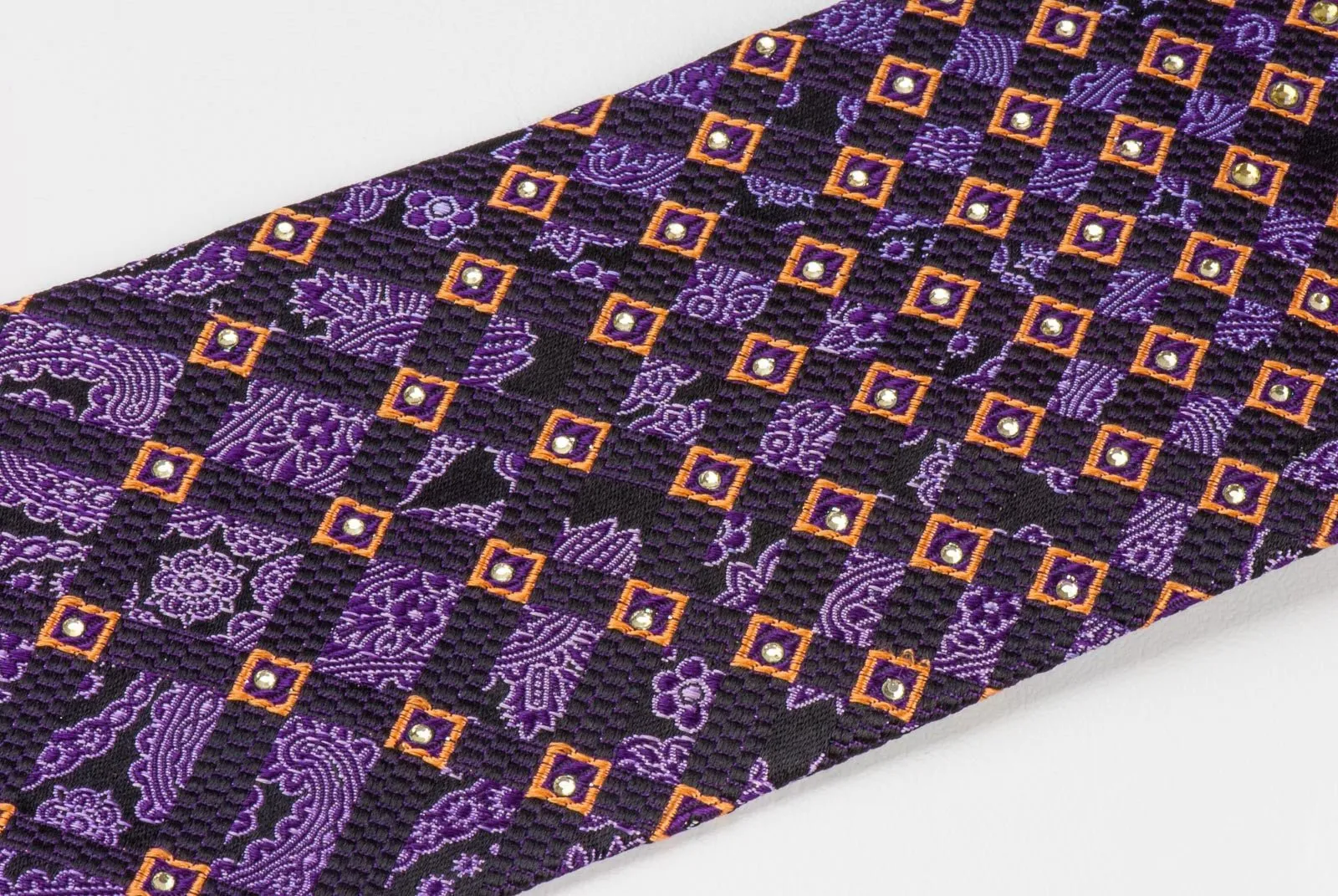 Elle Homme Men's Silk Rhinestone Tie Damask & Geometric On Purple Necktie