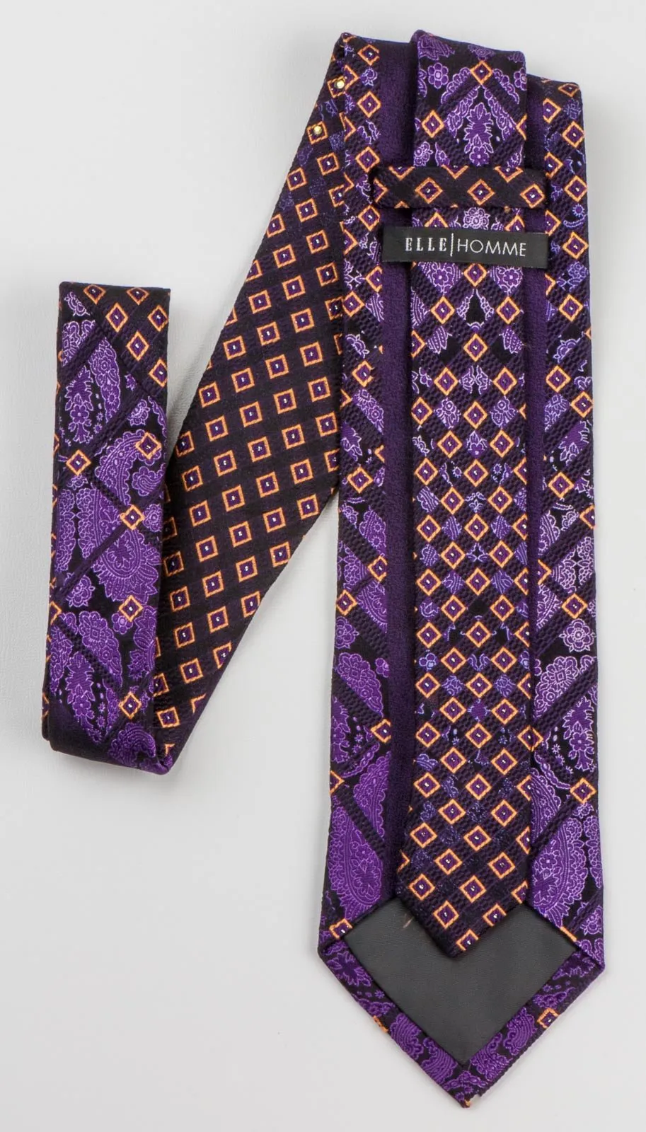 Elle Homme Men's Silk Rhinestone Tie Damask & Geometric On Purple Necktie