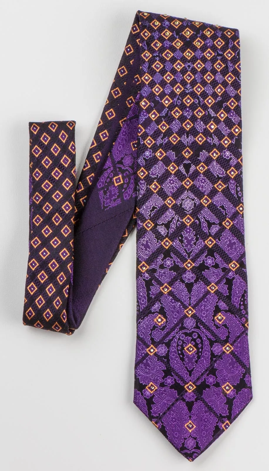 Elle Homme Men's Silk Rhinestone Tie Damask & Geometric On Purple Necktie