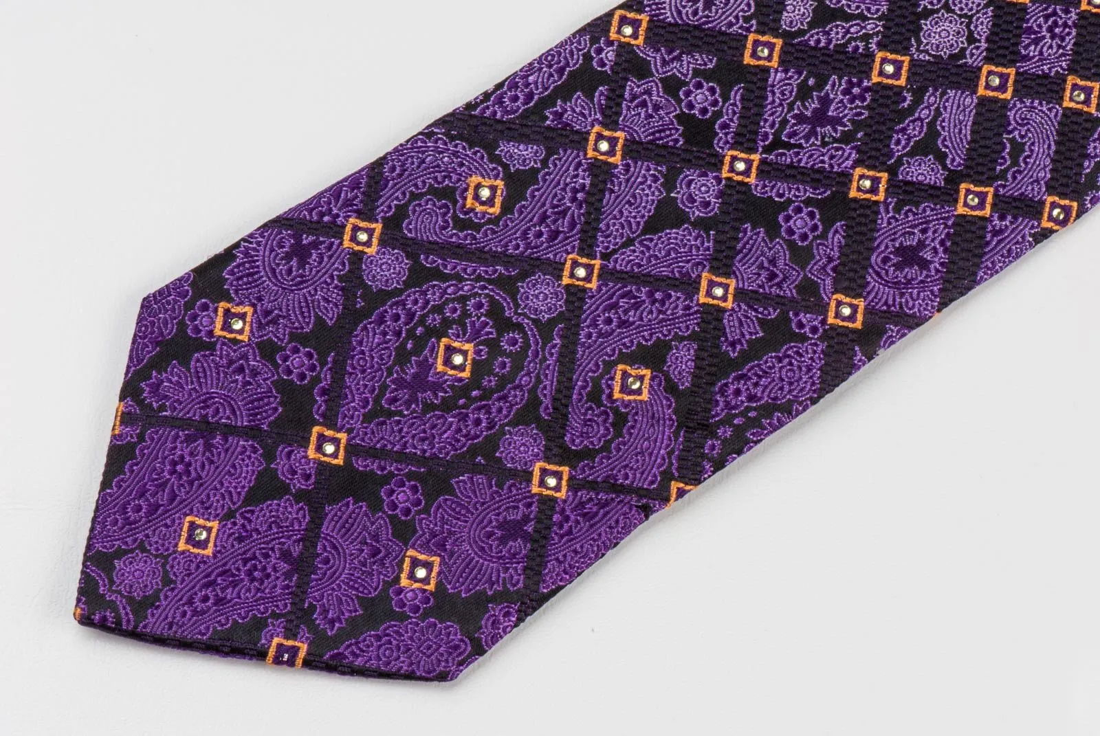 Elle Homme Men's Silk Rhinestone Tie Damask & Geometric On Purple Necktie