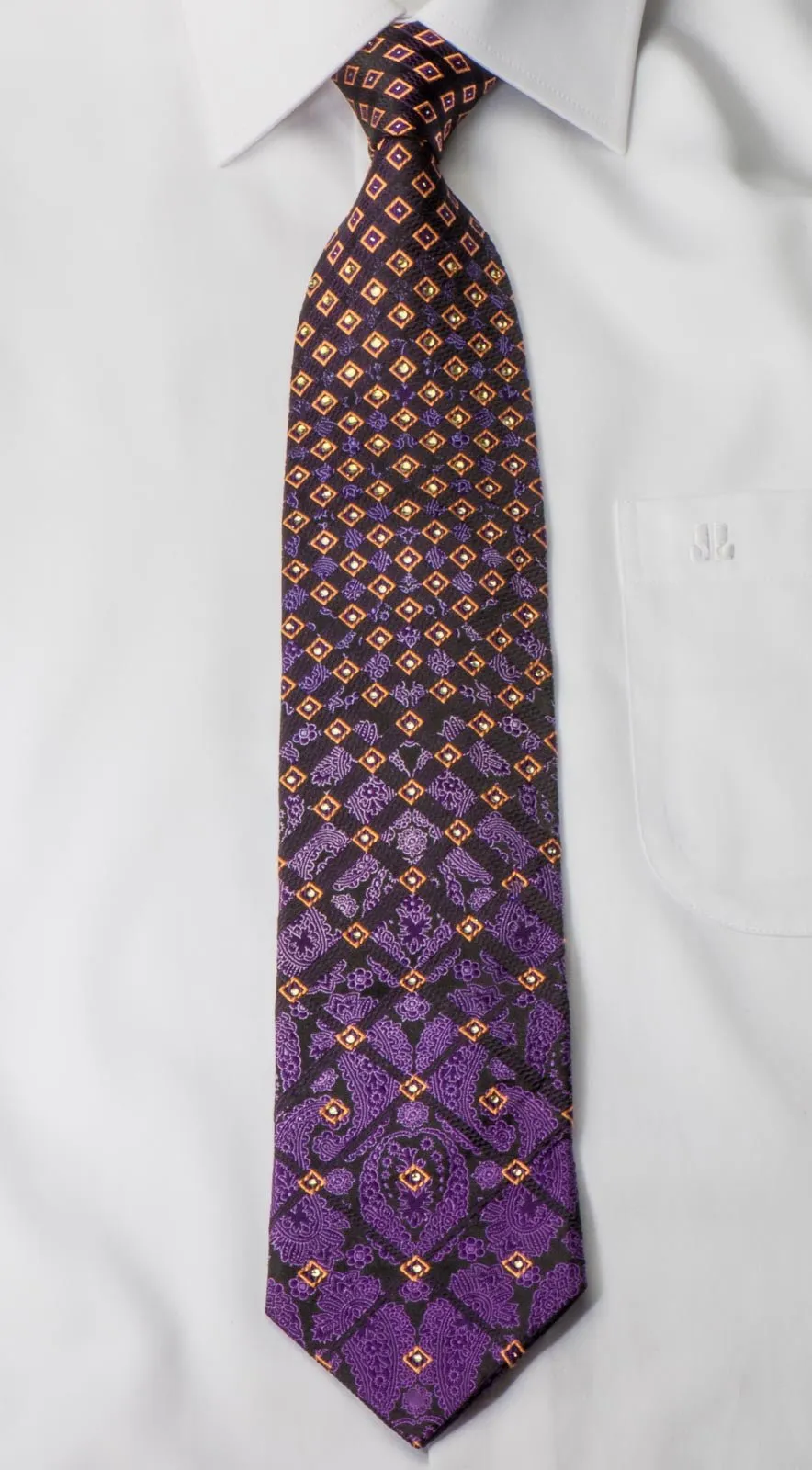 Elle Homme Men's Silk Rhinestone Tie Damask & Geometric On Purple Necktie