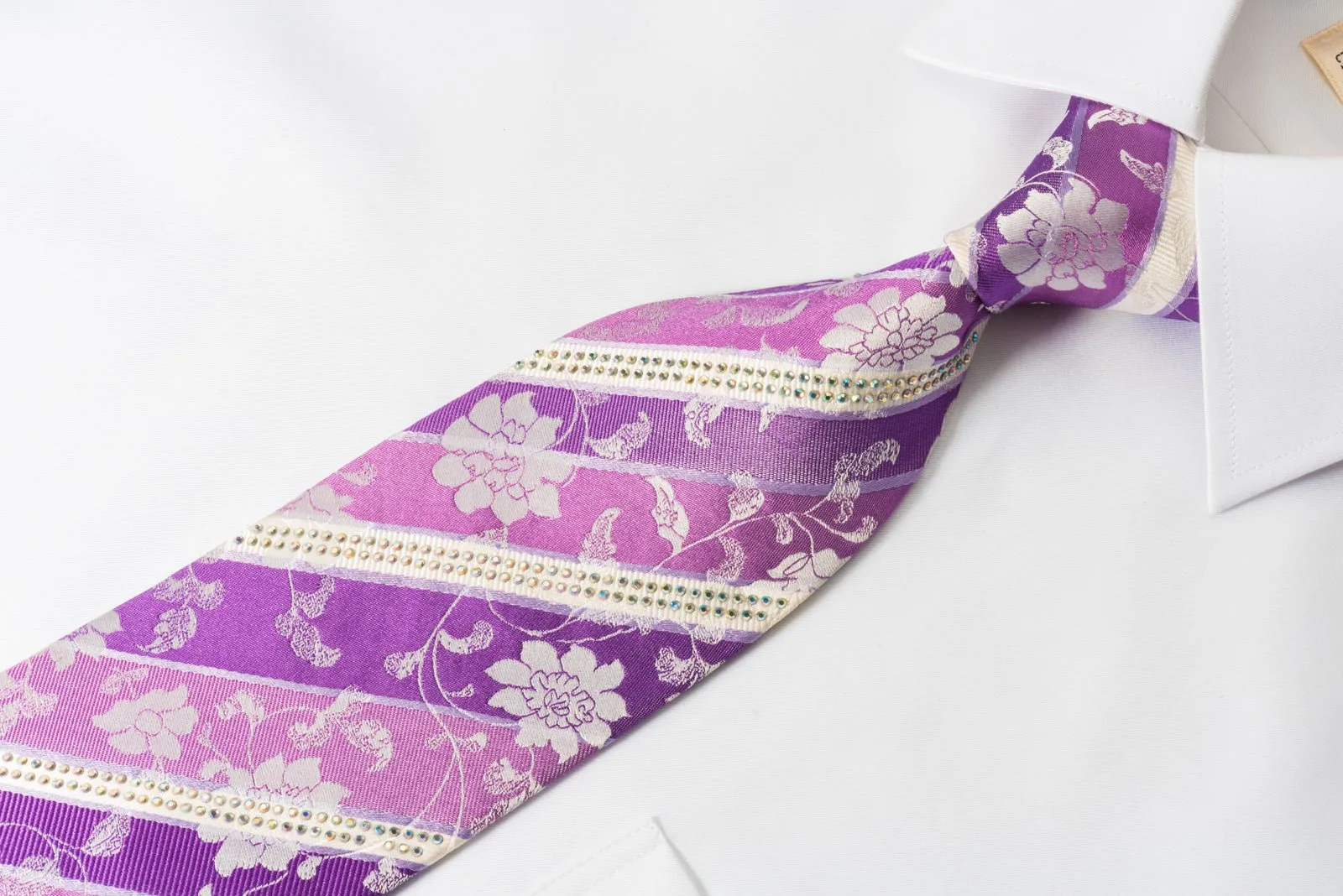 Elle Homme Rhinestone Necktie Purple White Stripes & Silver Floral