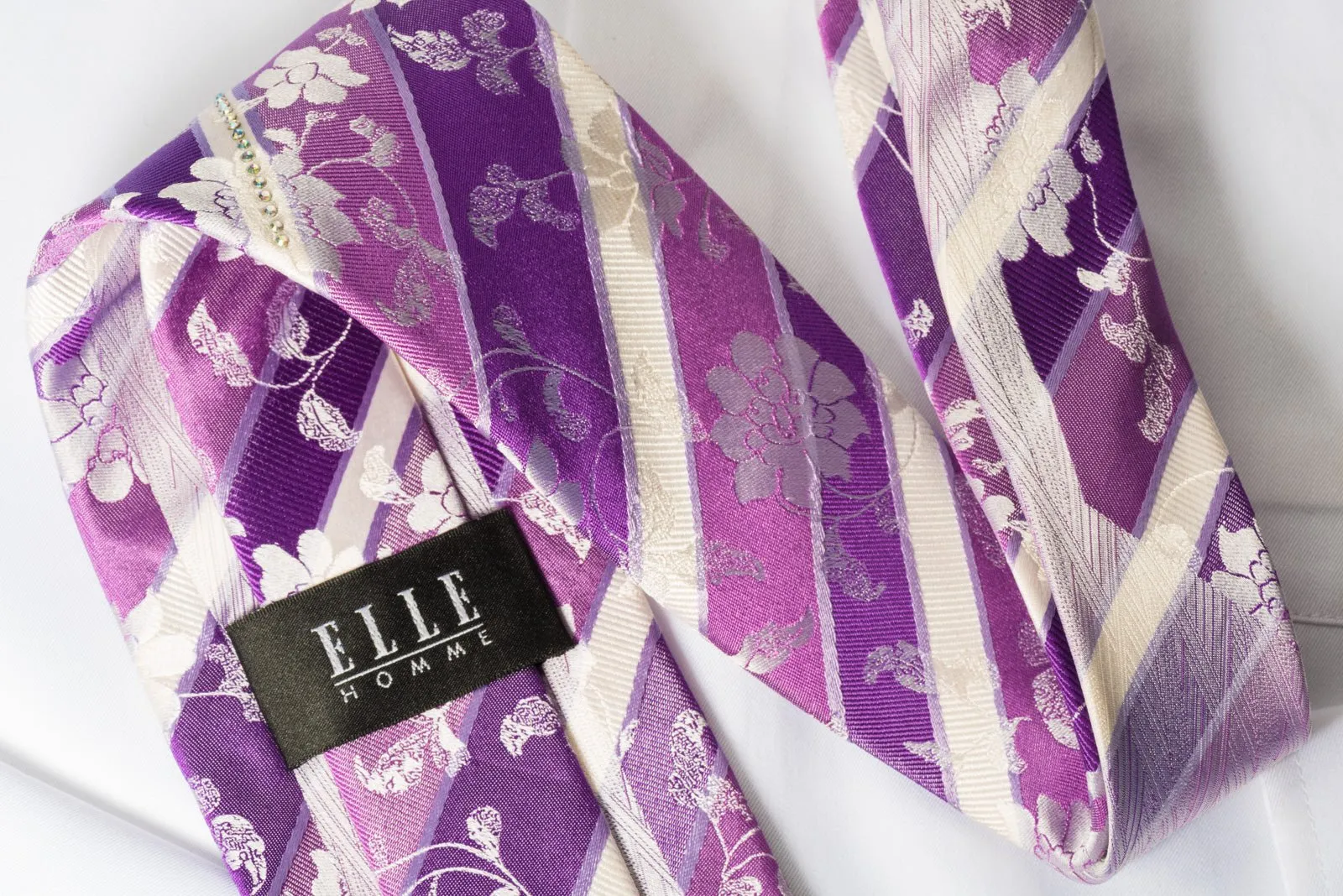 Elle Homme Rhinestone Necktie Purple White Stripes & Silver Floral