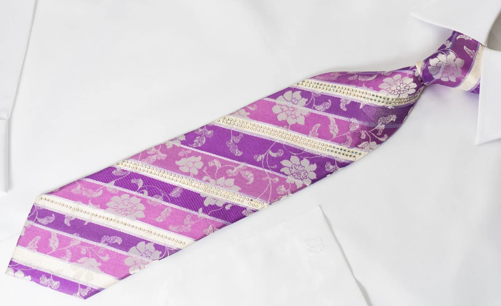 Elle Homme Rhinestone Necktie Purple White Stripes & Silver Floral