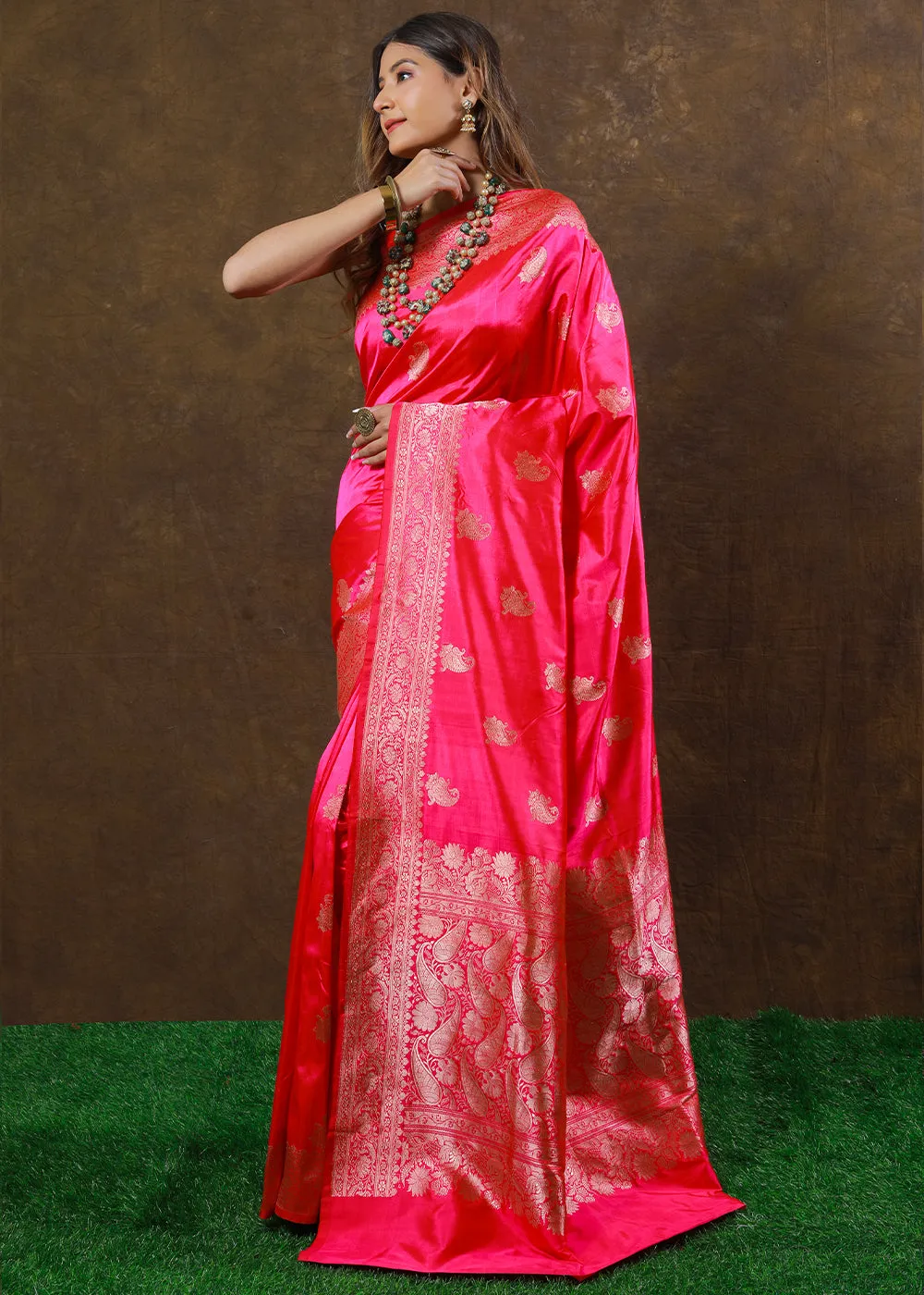 Fiery Rose Pink Hand Woven Pure Katan Silk Saree