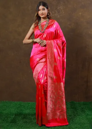 Fiery Rose Pink Hand Woven Pure Katan Silk Saree