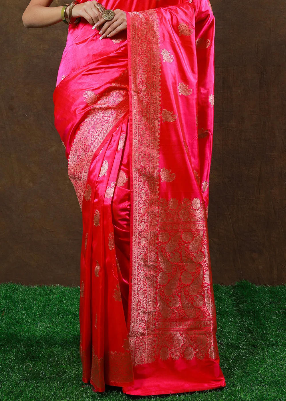 Fiery Rose Pink Hand Woven Pure Katan Silk Saree