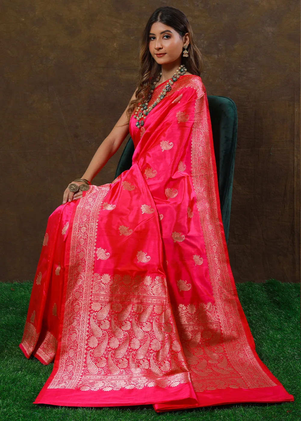 Fiery Rose Pink Hand Woven Pure Katan Silk Saree