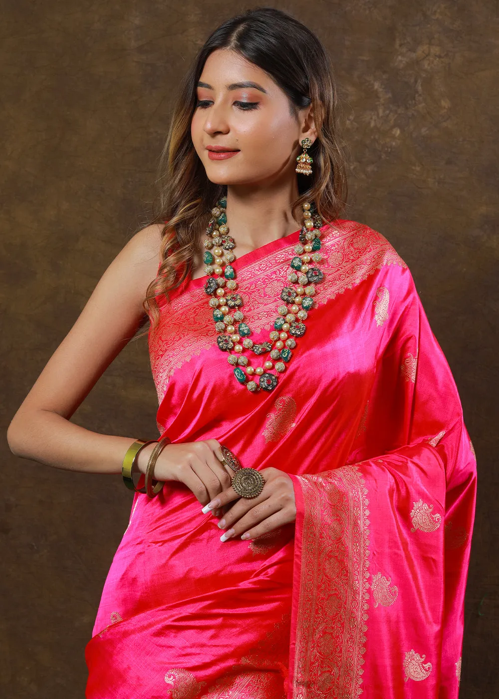 Fiery Rose Pink Hand Woven Pure Katan Silk Saree