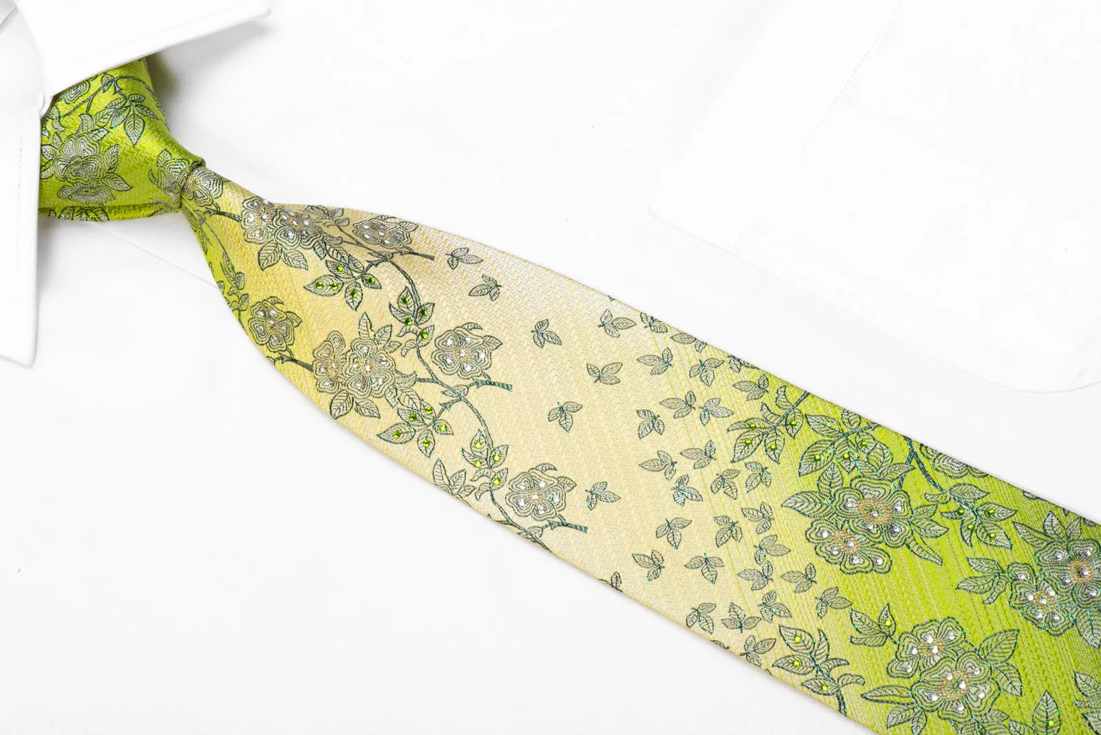 Floral On Green Rhinestone Silk Necktie